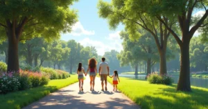 Família com crianças caminhando em parque com área verde e lago ao fundo em Orlando