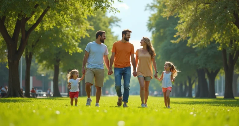 Família caminhando em parque urbano com cenário verde, crianças brincando e céu azul
