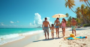 Família aproveitando o dia ensolarado na praia da Flórida com mar azul e céu claro