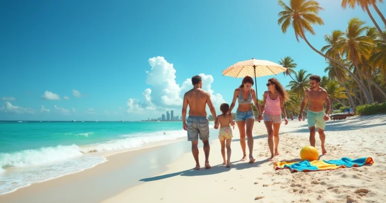 Família aproveitando o dia ensolarado na praia da Flórida com mar azul e céu claro