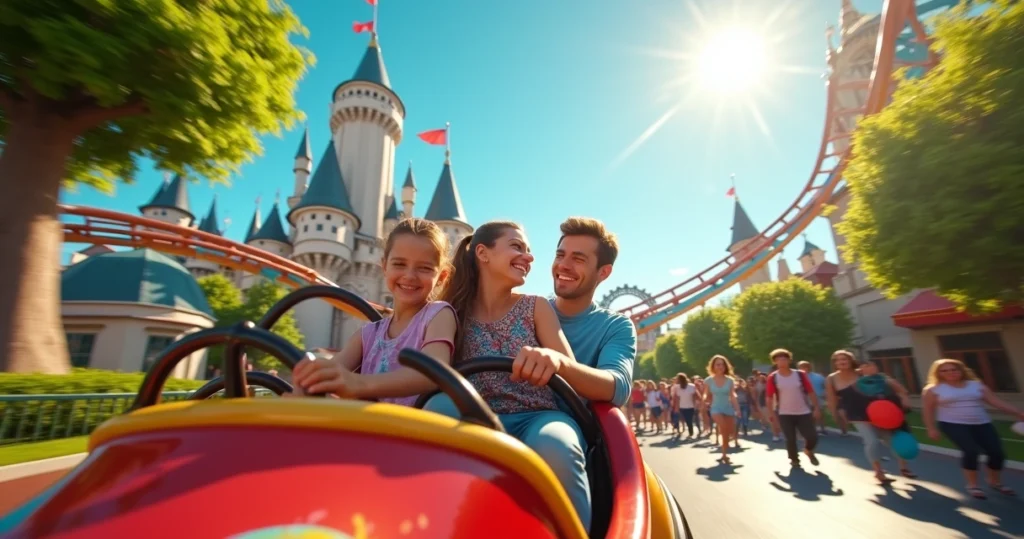 Família feliz aproveitando montanha-russa em parque temático com céu azul e árvores ao redor