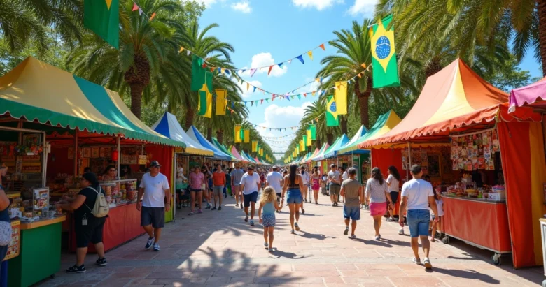 Barracas coloridas de feira ao ar livre com produtos brasileiros típicos e pessoas desfrutando do evento