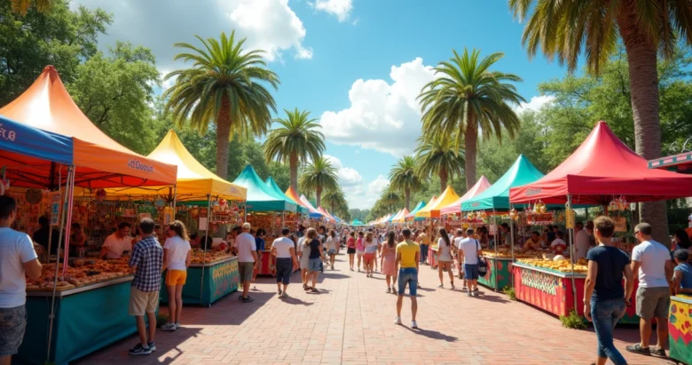 Feira brasileira ao ar livre com barracas coloridas, pessoas explorando alimentos típicos e artesanato