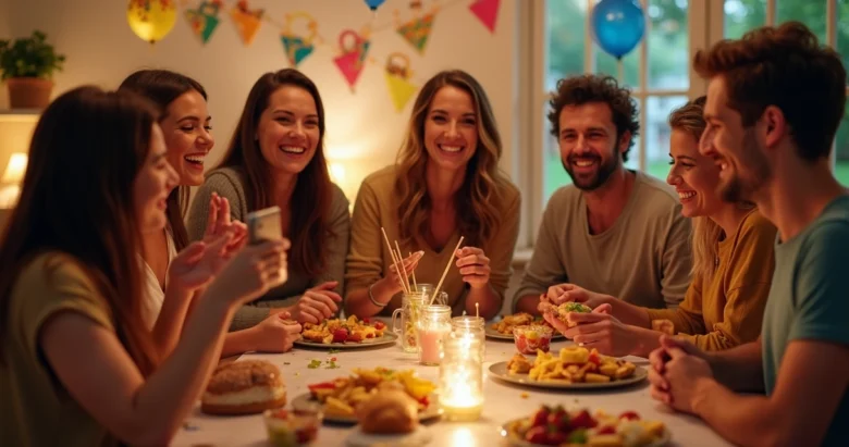 Festa simples em casa com decoração DIY colorida, mesa com petiscos e convidados se divertindo