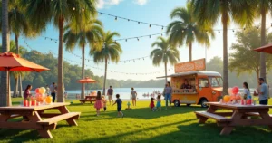Festa de aniversário ao ar livre com decoração colorida em parque ensolarado na Flórida