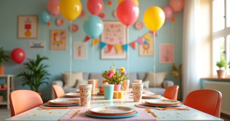Mesa decorada para festa infantil em casa com balões coloridos, painéis temáticos e itens personalizados