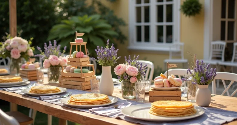 Mesa decorada com tema francês para festa em Orlando com crepes, flores e bandeiras da França