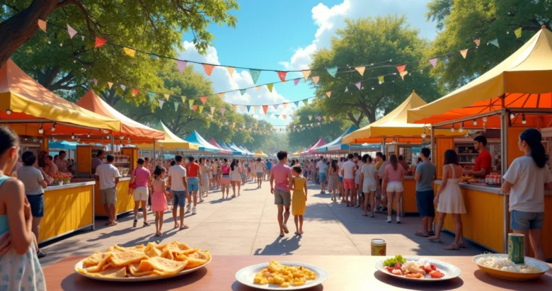 Família feliz em festa ao ar livre em Orlando com barracas de crepes, paleta de cores vibrantes e decoração festiva
