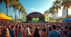 Palco de festival cultural brasileiro com multidão e artistas tocando samba e funk