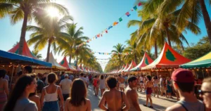 Público diverso em festival cultural brasileiro ao ar livre com bandeiras do Brasil, palcos iluminados e barracas de comida típica
