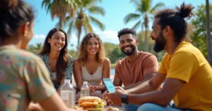 Grupo de pessoas conversando animadamente em ambiente ao ar livre com palmeiras ao fundo em Orlando