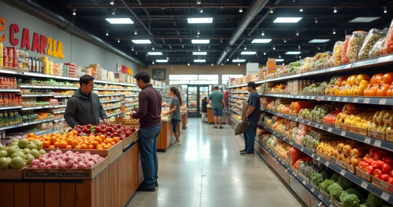 Interior de supermercado brasileiro com prateleiras cheias de produtos típicos, clientes escolhendo alimentos e área de caixas ao fundo