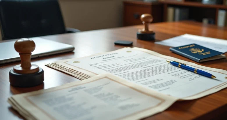 Mesa com documentos oficiais, carimbos, passaporte e caneta para legalização de documentos nos EUA