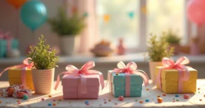 Mesa decorada com lembrancinhas coloridas para festa, incluindo caixas personalizadas, pequenos vasinhos com flores e balas embaladas, com luz natural e decoração festiva ao fundo