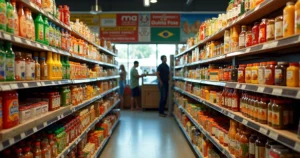 Prateleiras de mercado com produtos brasileiros variados, como farofa, guaraná, doces típicos e temperos, em ambiente iluminado e organizado