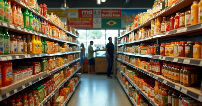 Prateleiras de mercado com produtos brasileiros variados, como farofa, guaraná, doces típicos e temperos, em ambiente iluminado e organizado