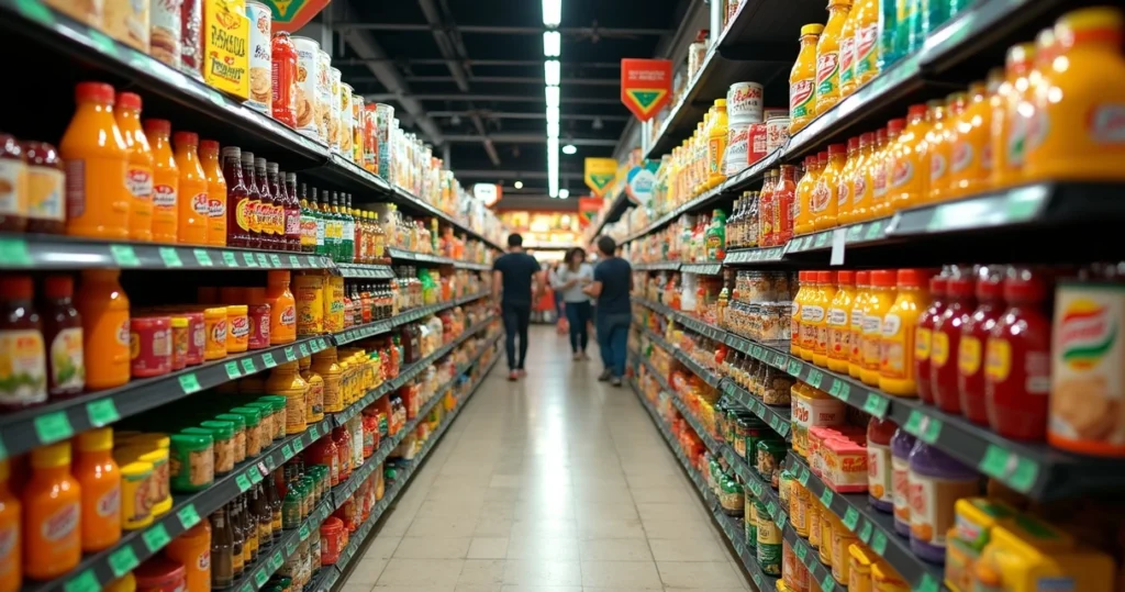 Prateleira abastecida com produtos típicos brasileiros em supermercado especializado em Orlando