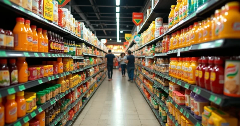 Prateleira abastecida com produtos típicos brasileiros em supermercado especializado em Orlando
