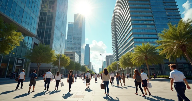 Vista urbana detalhada de um centro financeiro e empresarial na Flórida, com prédios modernos e pessoas caminhando e conversando em trajes casuais e formais durante o dia ensolarado