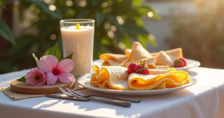 Mesa decorada com crepes afetivos servidos em evento, com flores e detalhes acolhedores