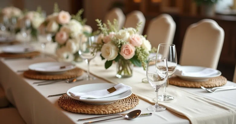 Mesa posta elegante com talheres de prata, taças de cristal, sousplats e guardanapos brancos sobre toalha bege clara