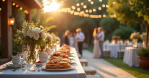 Mesa posta ao ar livre para mini wedding com decoração elegante e buffet de crepes