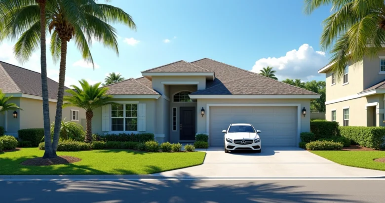 Casa moderna com jardim e carro estacionado na garagem em bairro residencial de Orlando durante o dia