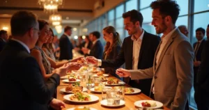 Pessoas interagindo e trocando cartões em evento gastronômico com decoração elegante e mesas com pratos variados em Orlando