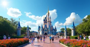 Vista panorâmica do Castelo da Cinderela no Magic Kingdom com visitantes ao redor em dia ensolarado