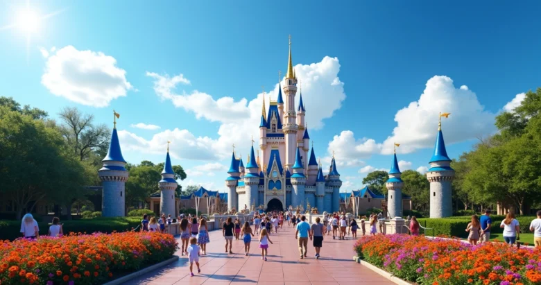 Vista panorâmica do Castelo da Cinderela no Magic Kingdom com visitantes ao redor em dia ensolarado