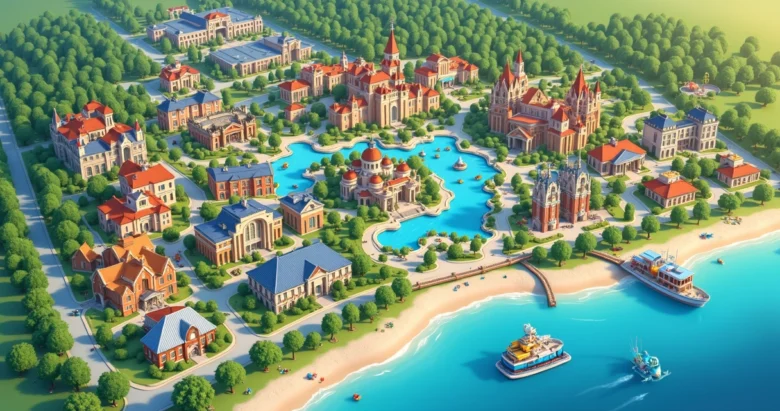 Mapa ilustrado com os principais parques de Orlando como Disney, Universal, SeaWorld e Legoland destacadas em cores vibrantes