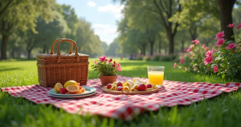 Mesa de picnic ao ar livre em parque de Orlando com toalha xadrez vermelha, cesta de vime, crepes gourmet e frutas coloridas