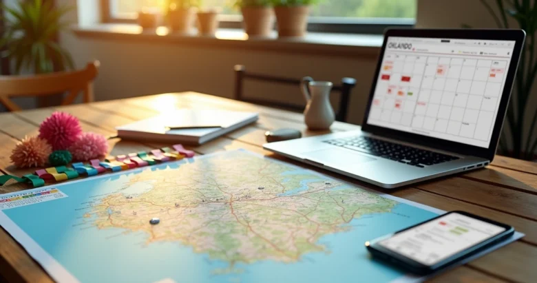 Mesa de planejamento com mapa de Orlando, notebook, calendário e amostras de decoração para festa
