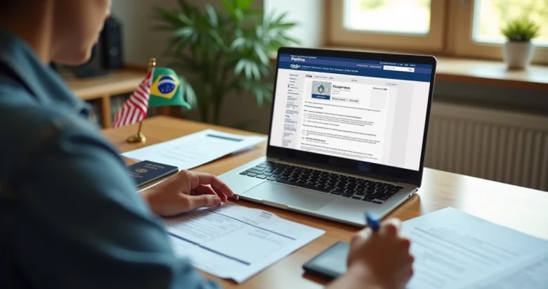 Pessoa revisando documentos para visto de trabalho com passaporte e laptop sobre mesa organizada