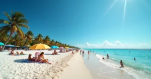 Praia ensolarada na Flórida com pessoas aproveitando o verão e céu azul claro