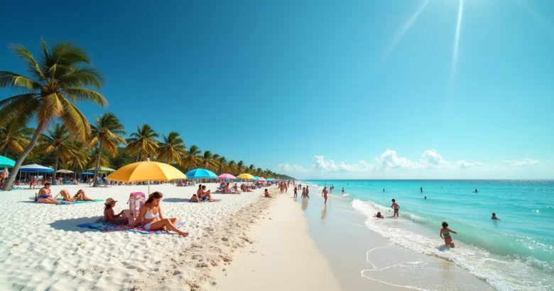 Praia ensolarada na Flórida com pessoas aproveitando o verão e céu azul claro