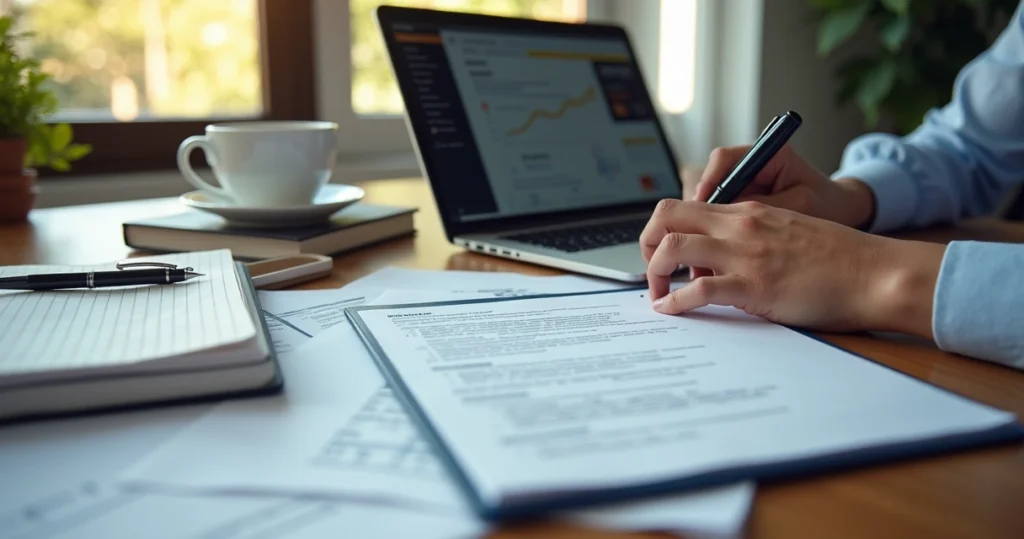 Pessoa revisando currículo em laptop com documentos e caneta ao lado