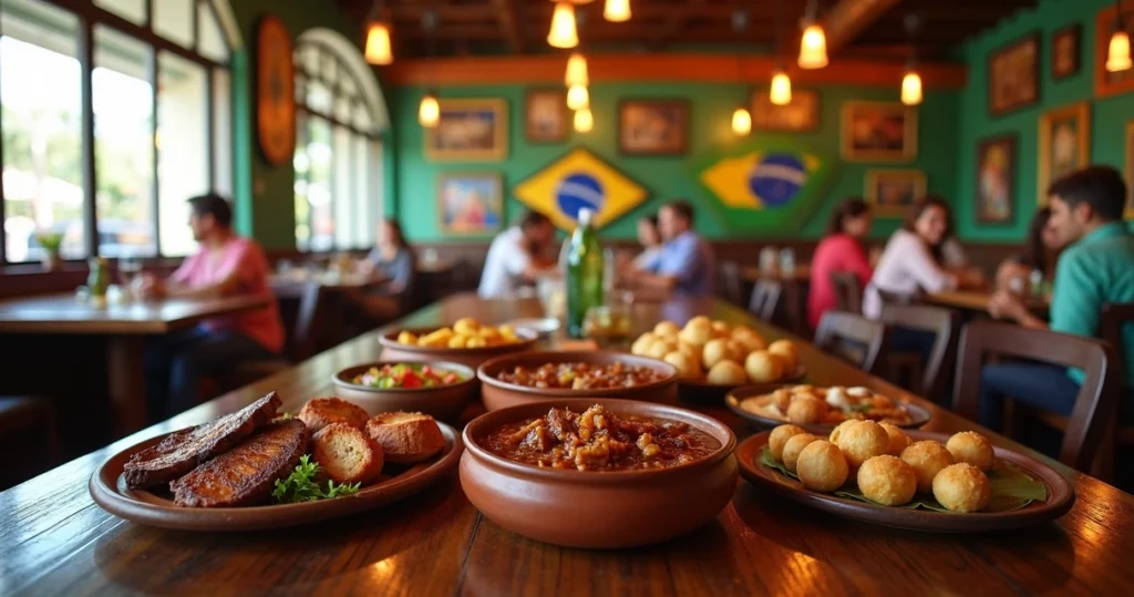 Ambiente interno de restaurante brasileiro em Orlando com decoração acolhedora e mesa com pratos típicos como feijoada, churrasco e pão de queijo