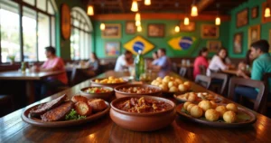 Ambiente interno de restaurante brasileiro em Orlando com decoração acolhedora e mesa com pratos típicos como feijoada, churrasco e pão de queijo
