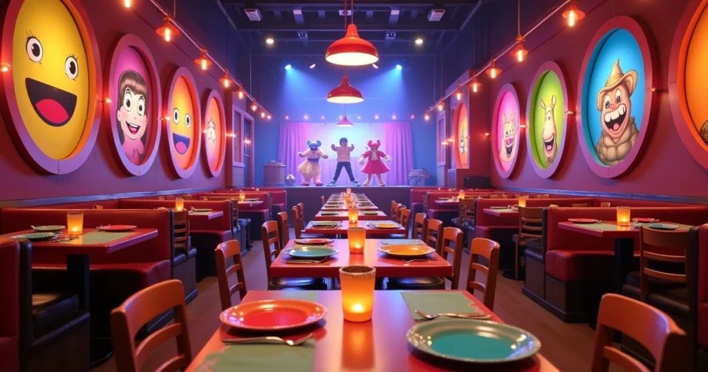 Interior de restaurante temático colorido com mesas decoradas para família e iluminação vibrante
