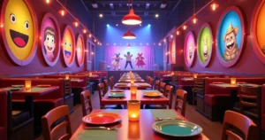Interior de restaurante temático colorido com mesas decoradas para família e iluminação vibrante