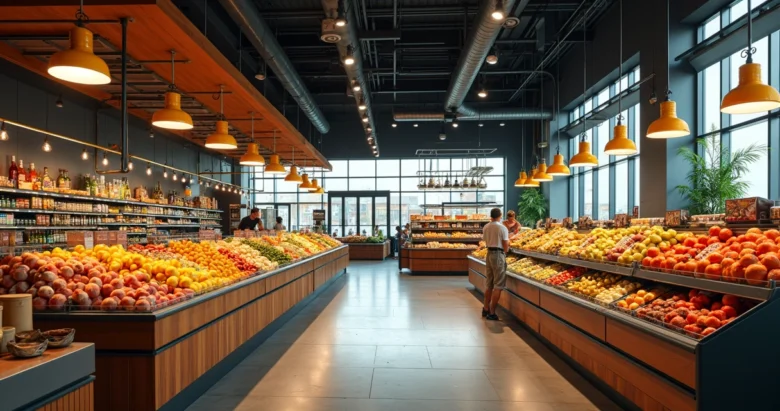 Interior de supermercado brasileiro em Orlando com prateleiras cheias de produtos típicos e clientes escolhem alimentos