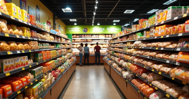 Prateleiras organizadas em supermercado brasileiro com produtos típicos como farofa, feijão e doces