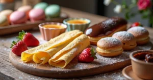 Seleção colorida e detalhada de doces franceses típicos servidos com crepes em mesa rústica