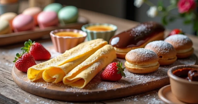 Seleção colorida e detalhada de doces franceses típicos servidos com crepes em mesa rústica