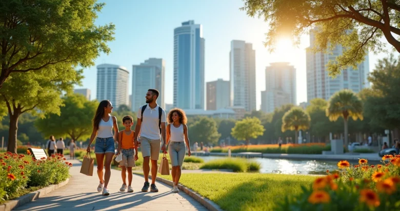 Família brasileira caminhando alegremente em parque de Orlando com árvores, céu azul e arranha-céus ao fundo