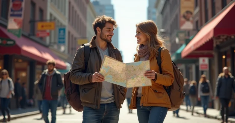 Pessoa olhando mapa da cidade e conversando com outra em ambiente urbano nos EUA
