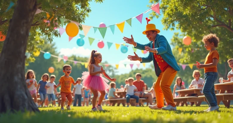 Crianças sorrindo em festa infantil ao ar livre com decoração colorida e animadores vestindo fantasias coloridas