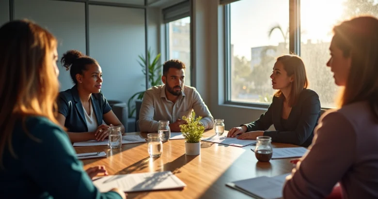 Mesa com dois grupos em reunião, um representando programas comunitários e outro consultoria privada para imigrantes em Orlando