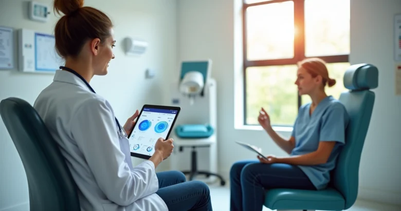 Paciente sendo atendido por médico em clínica moderna nos Estados Unidos